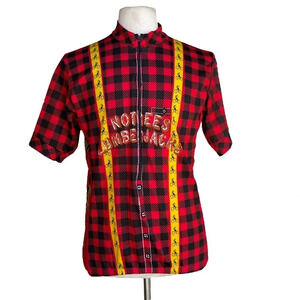 PYRO APPAREL Men’s XL Red Plaid Yellow Cross NOTREES LUMBER JACK Cycling Jersey